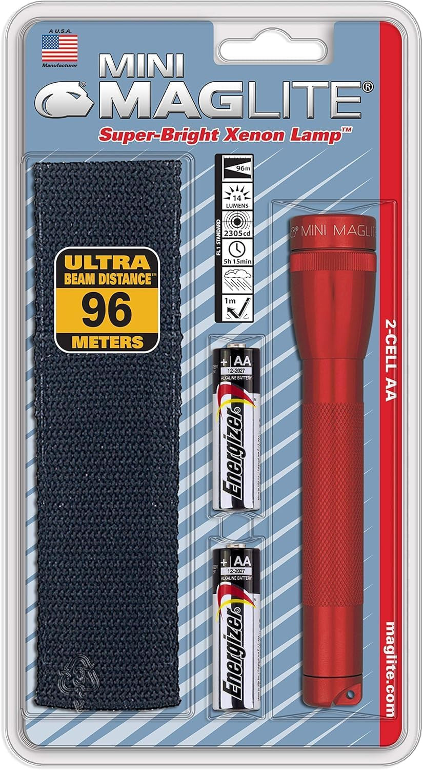Mini Incandescent Flashlight with Holster - Water-Resistant, 2-Cell AA, Red