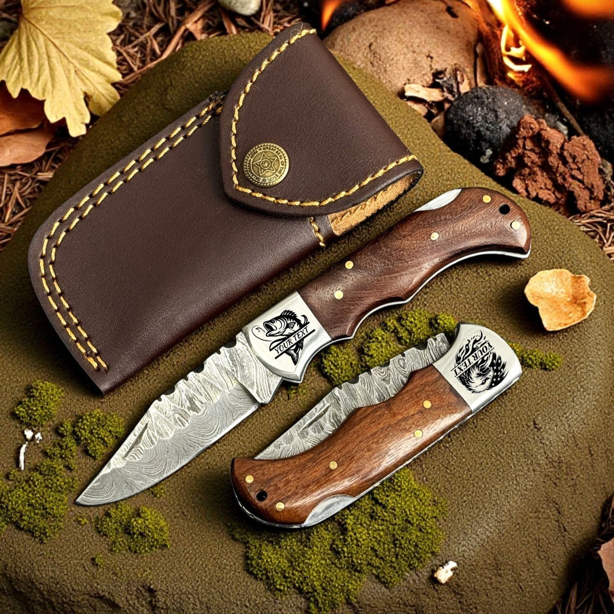 Personalized Damascus Folding Pocket Knife with Rosewood Handle