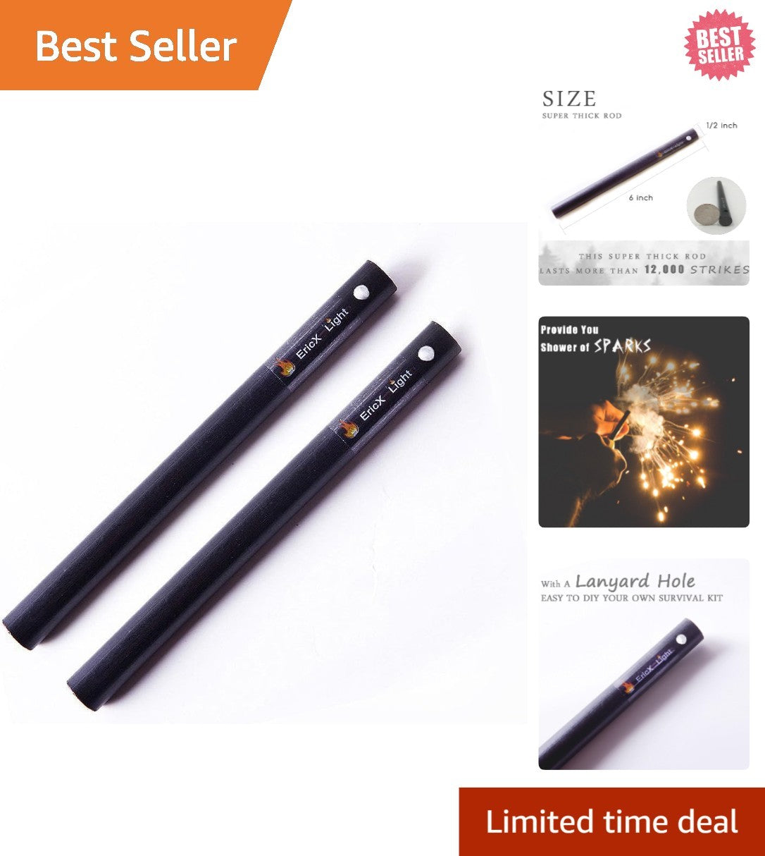 Fire Starter Ferrocerium Rods 1/2 Inch x 6 Inch, Waterproof Survival Tool - Pack of 2