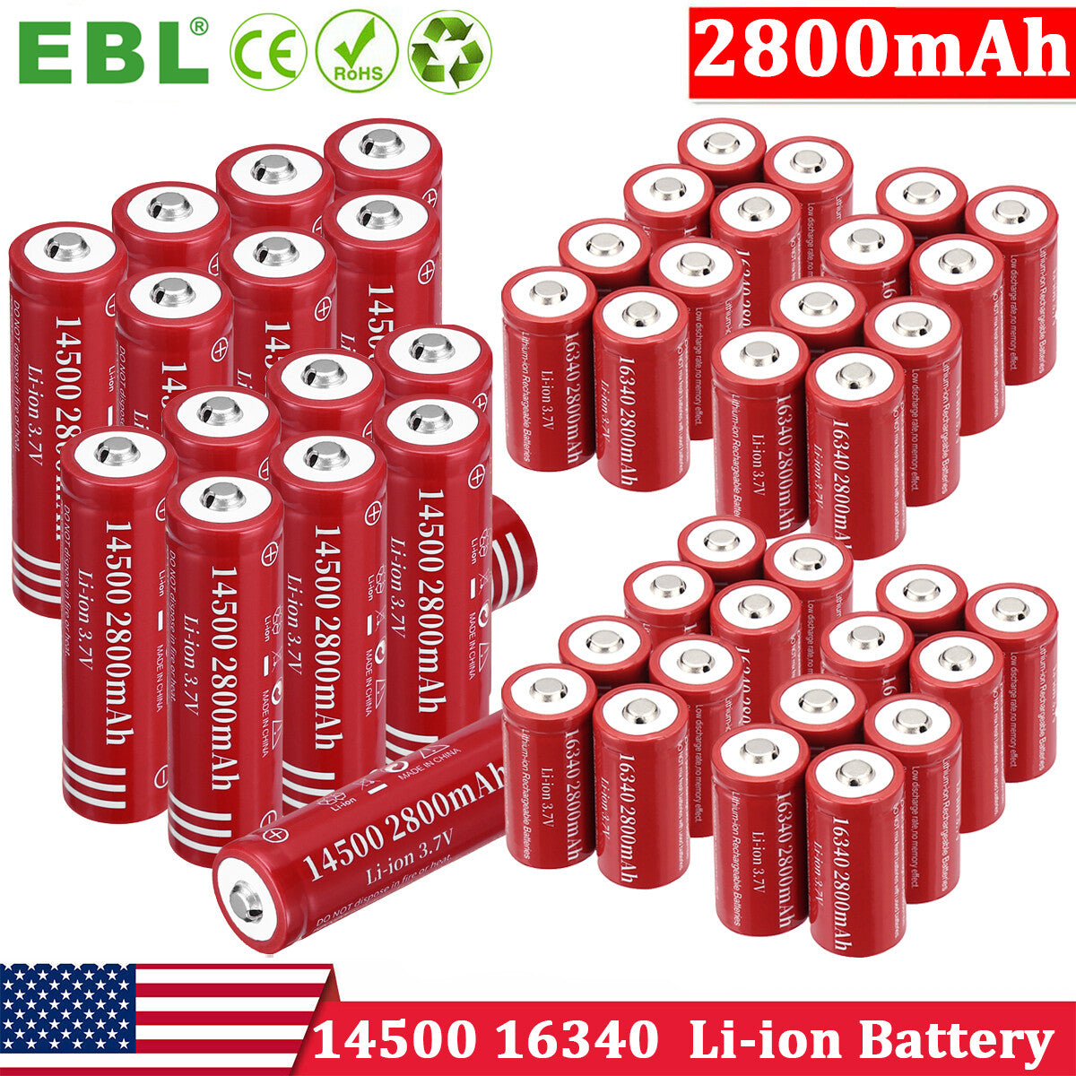 Rechargeable Lithium Battery Set 3.7V 2800mAh for Flashlights & Devices
