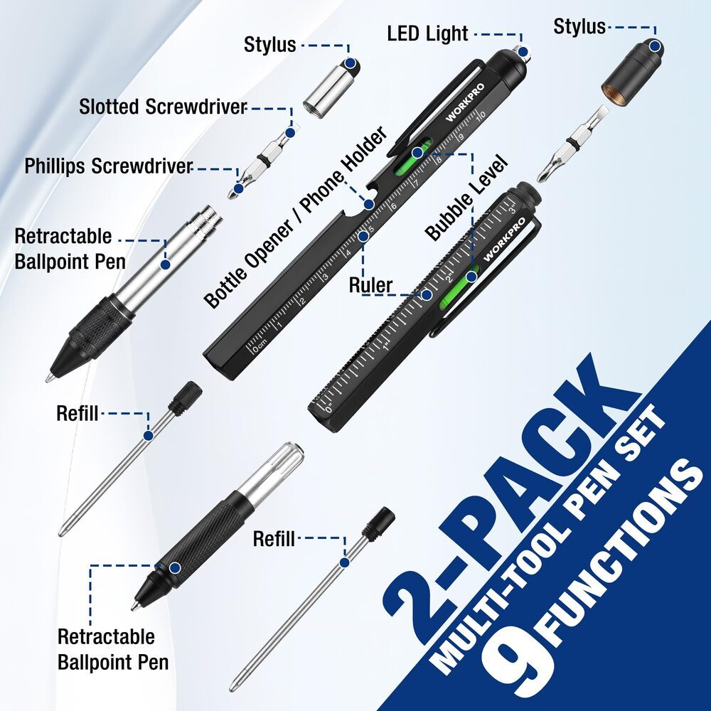 Multi-Tool Pen Set 2-Pack with 9 Functions, Durable Aluminum & Steel