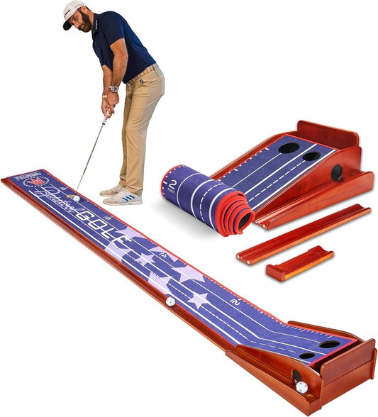 Golf Putting Mat with Auto Ball Return and Training Lines - 9.6 Ft Navy Stars