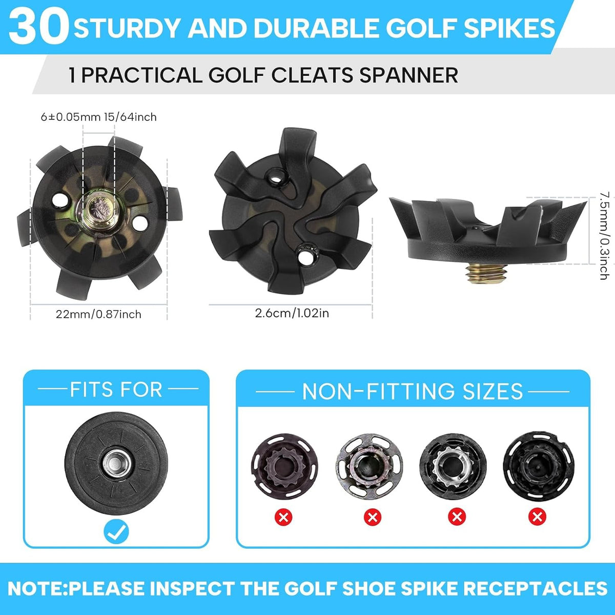 Golf Shoe Spikes Replacement Set Black TPU Metal 6mm Threaded Cleats Kit