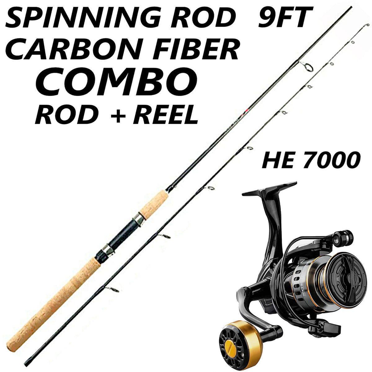 Medium Heavy Carbon Fiber Spinning Fishing Rod & Reel Combo - Fast Action, Cork Handle