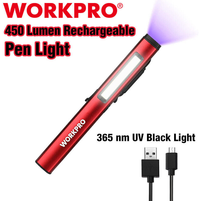 Rechargeable LED Flashlight Penlight with COB Spotlight UV Light Portable