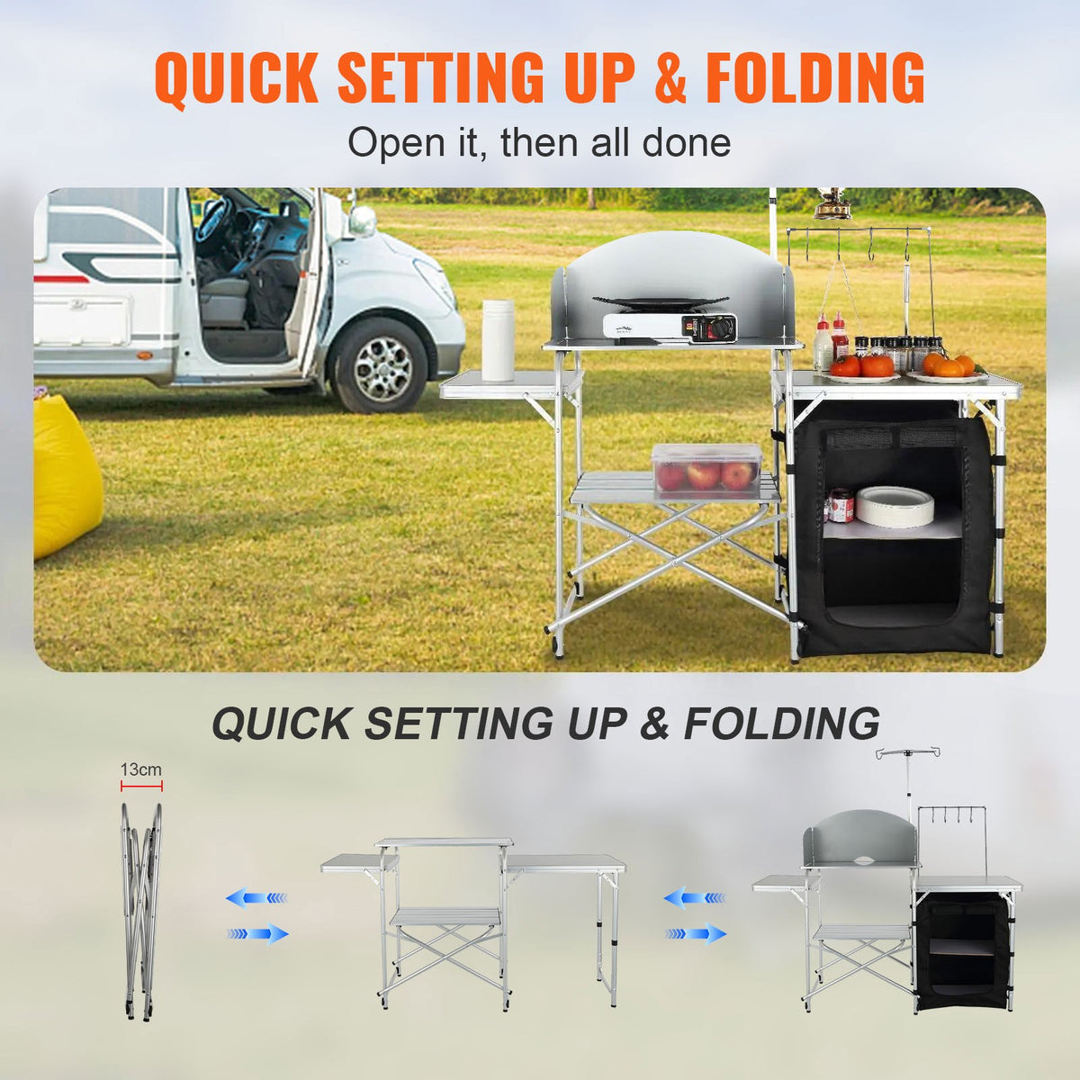 Portable Camping Kitchen Table with Folding Design and Storage