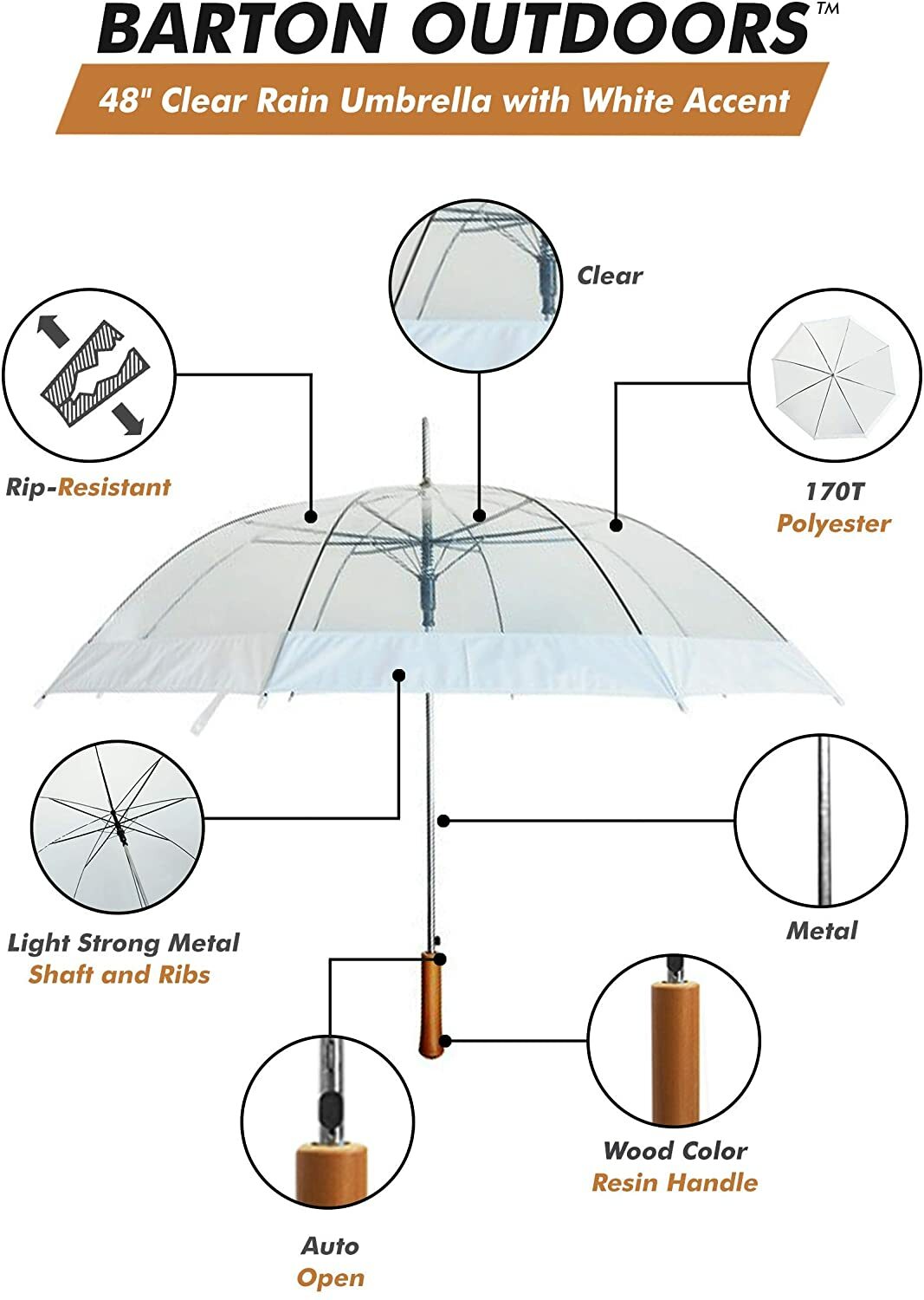 Clear 48-Inch Rip-Resistant Rain Umbrella with Auto Open & Water-Repellent Material
