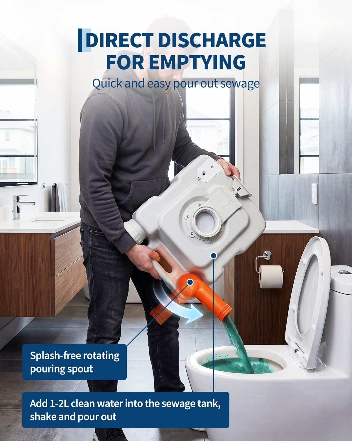 Portable Toilet 5.3 Gallon with 3-Outlet Flush for Camping RV Travel