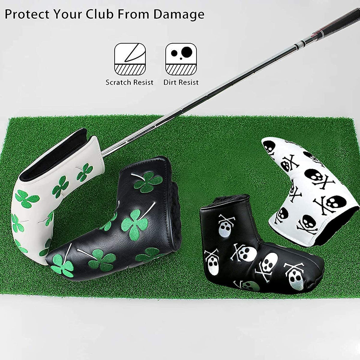 Lucky Clover Leather Putter Head Cover for Blade Golf Clubs - Black