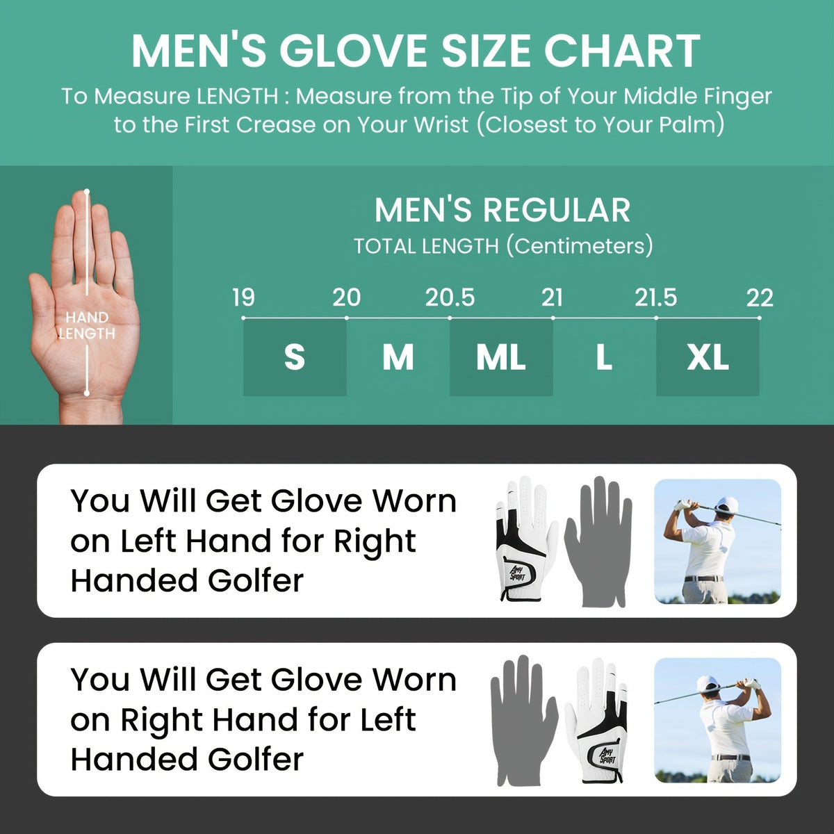 Men's Golf Gloves 6 Pack All Weather Leather Grip Left Hand - Multiple Sizes