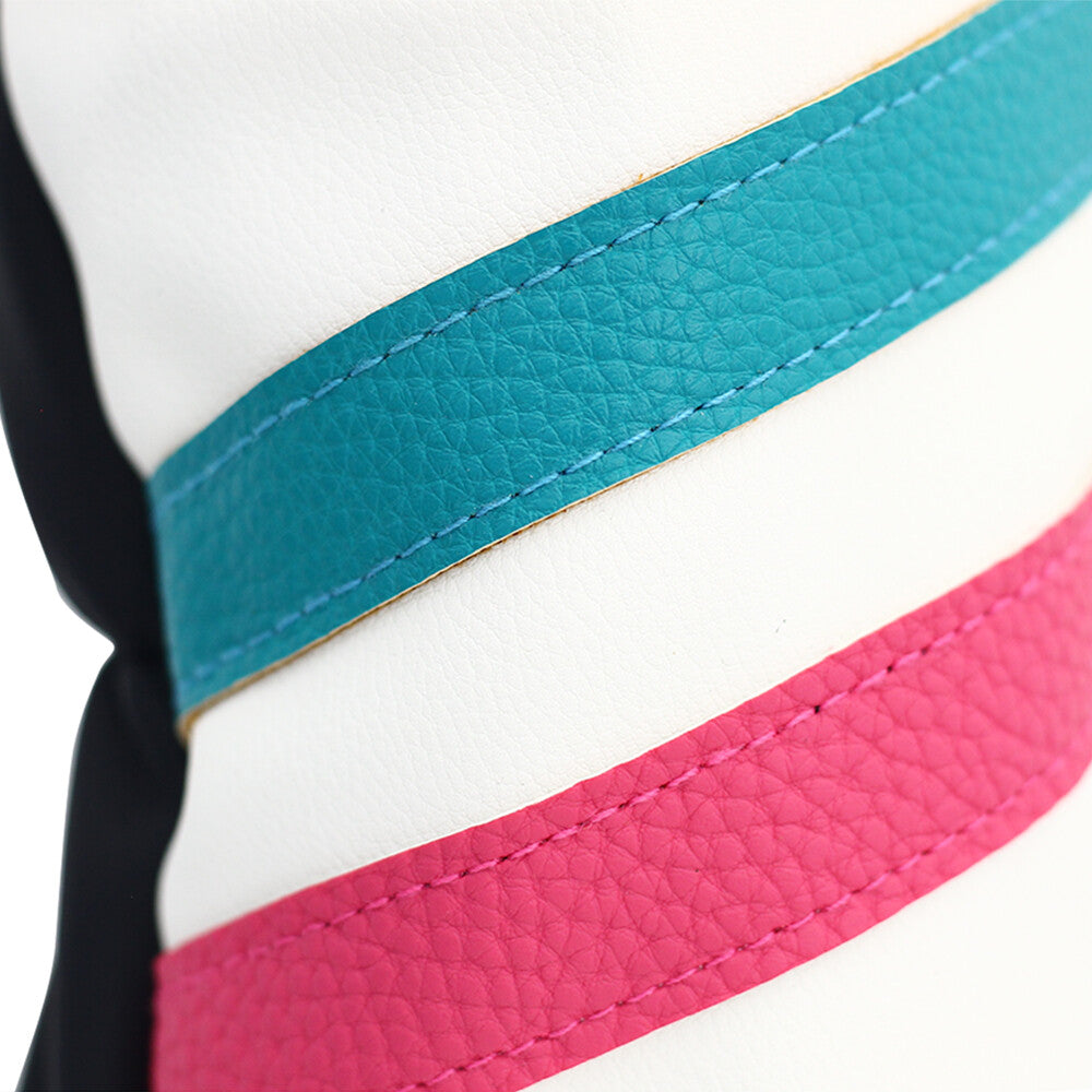 Golf Headcover Set for 260cc Woods & Hybrids - White with Teal Pink Stripes Leather Style
