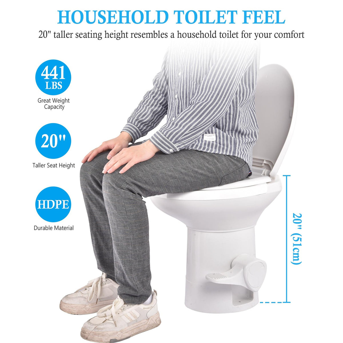 20-Inch Gravity Flush RV Camper Toilet with Foot Pedal & Household Comfort