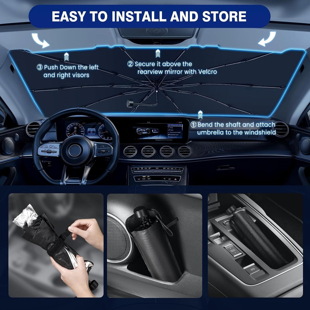 Foldable Car Windshield Sun Shade Umbrella for Front Windows - Large UV Blocker