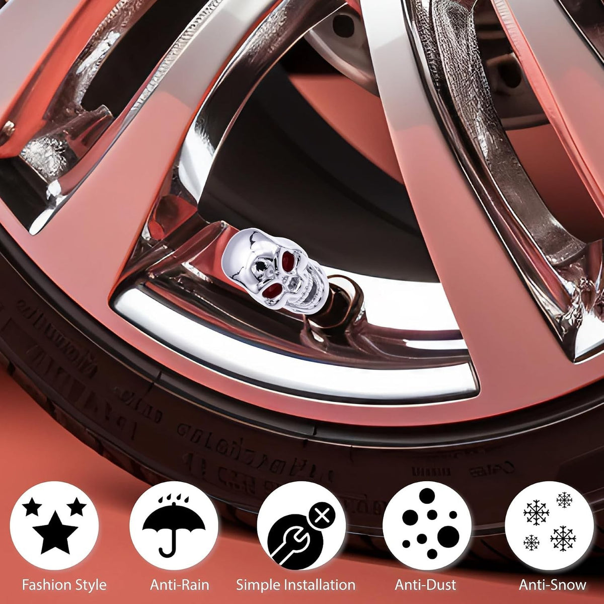 Skull Style Tire Valve Stem Caps - Universal Copper Core Wheel Air Caps for Cars, Bikes, Trucks, SUVs - Silver