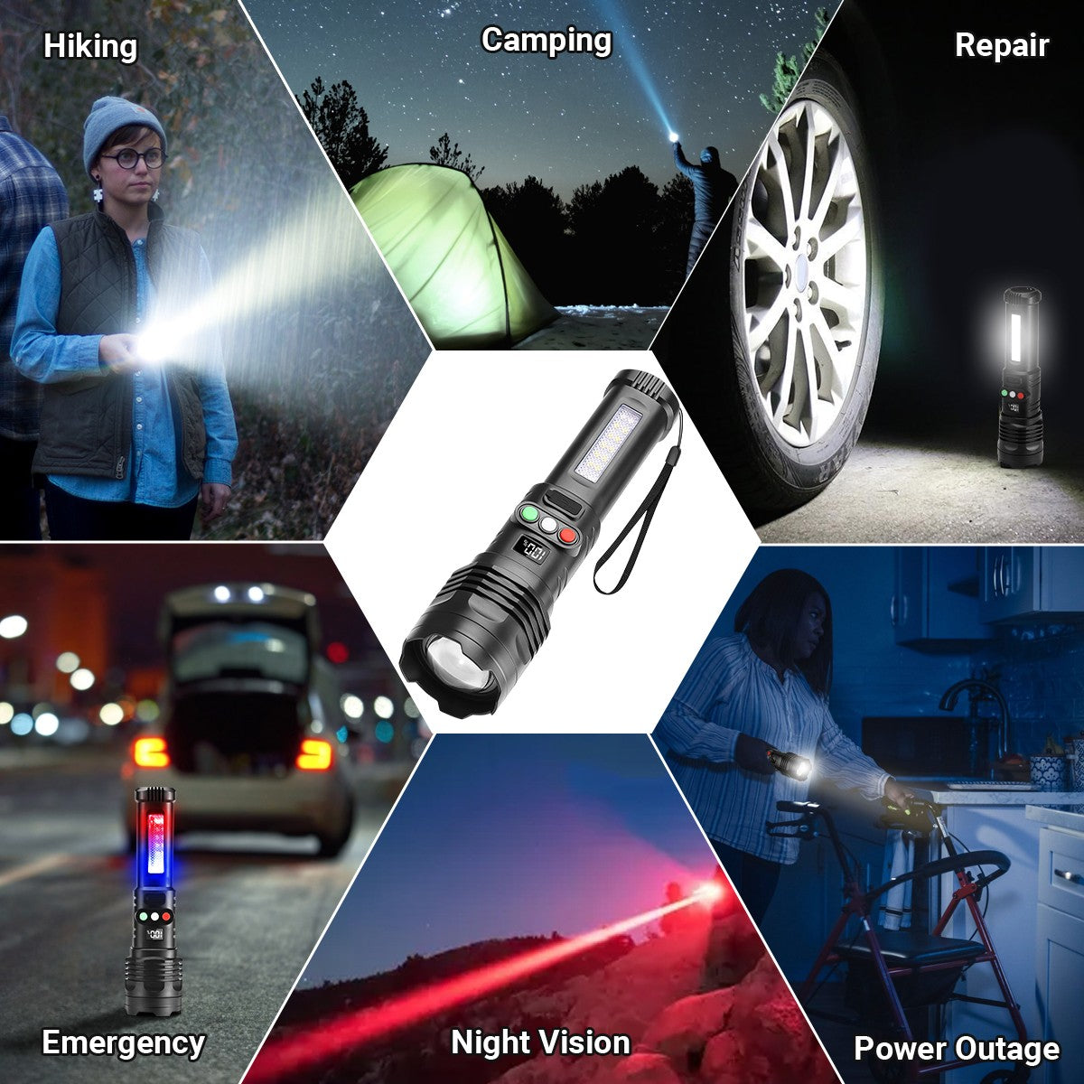 Rechargeable 990000 Lumen LED Tactical Flashlight with 3 Color Modes and COB Work Light