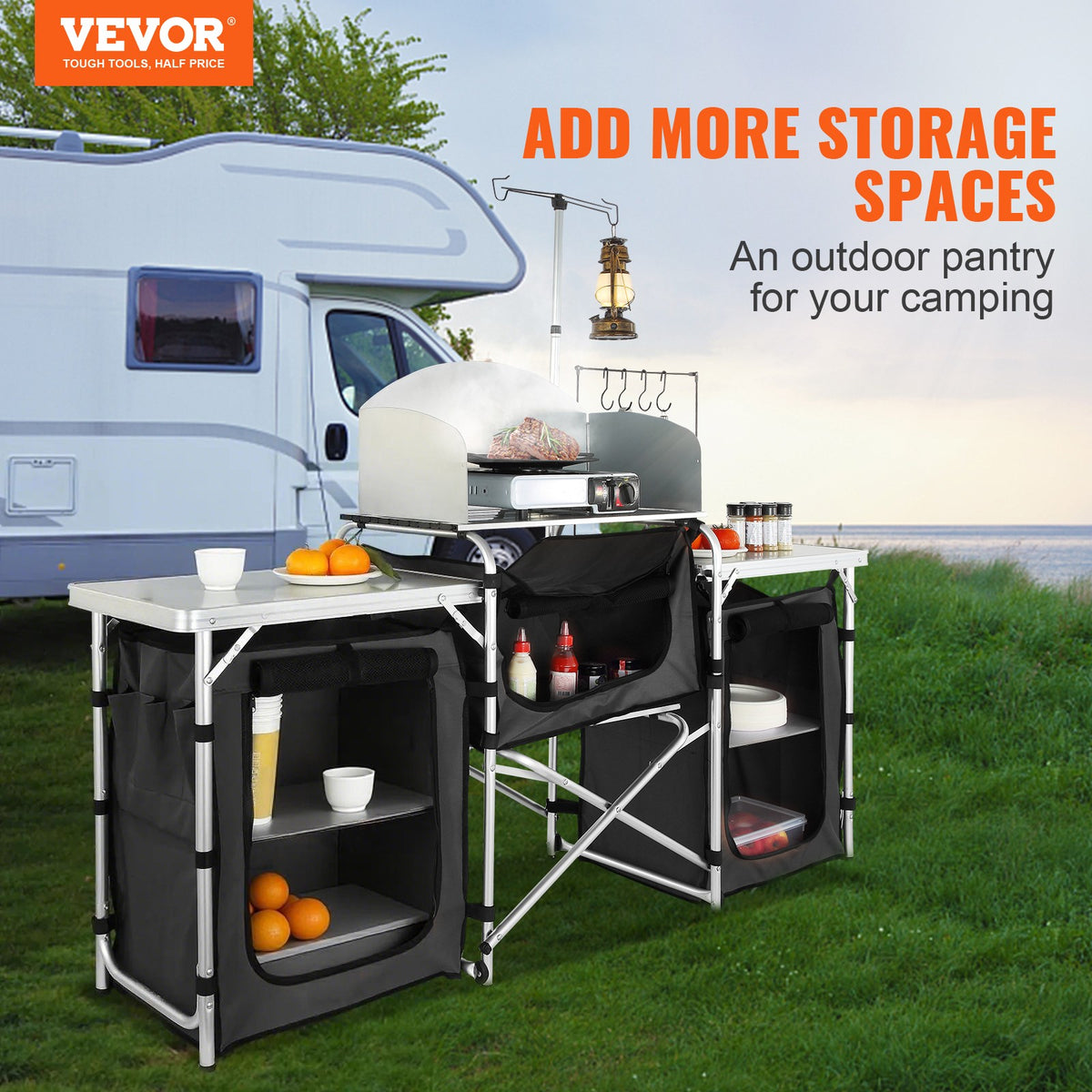 Folding Camping Kitchen Table with 3 Cupboards - Portable Outdoor Cook Station
