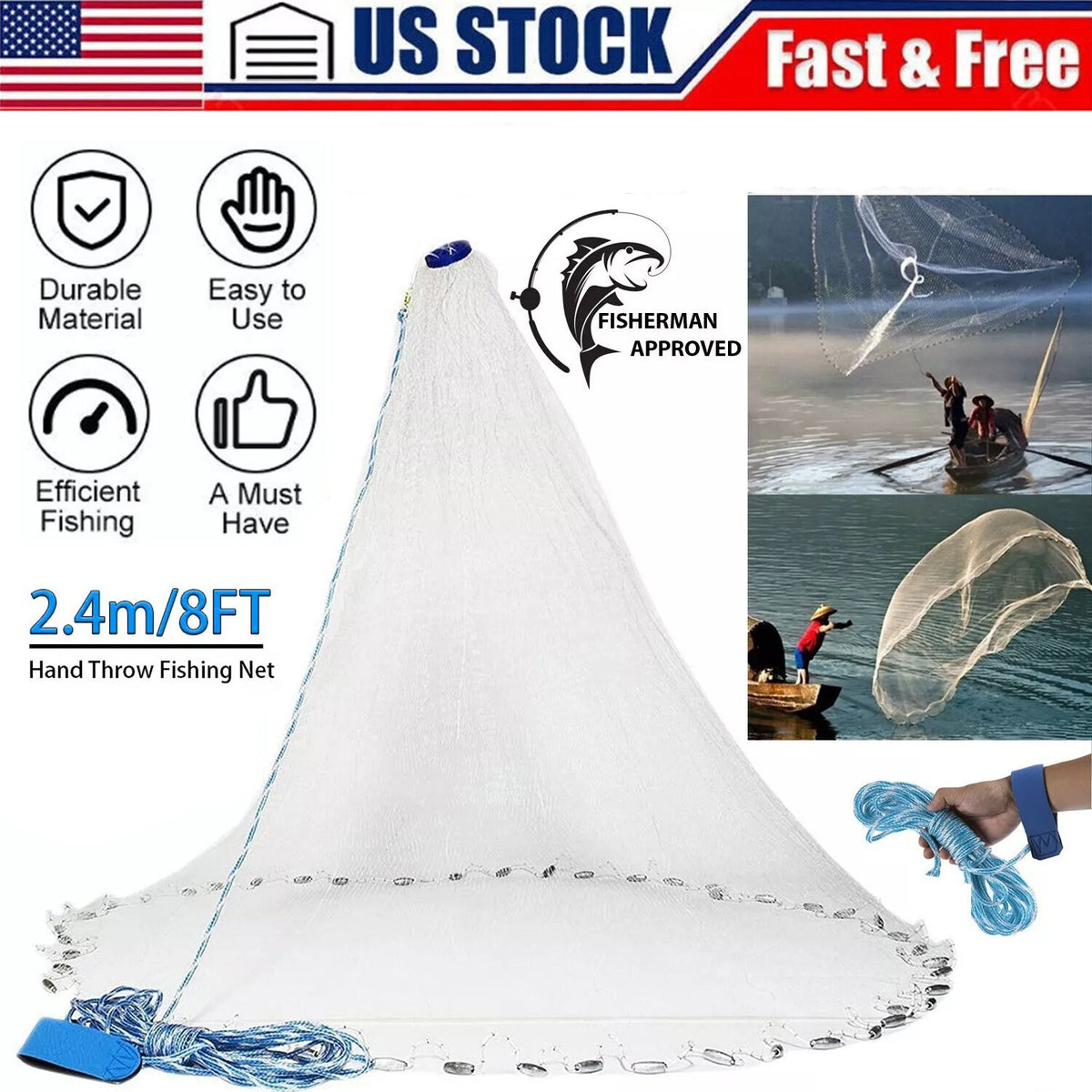 8FT Hand Cast Net for Bait Fishing, Strong Nylon Mesh, Easy Throw, 3/8 Inch Mesh