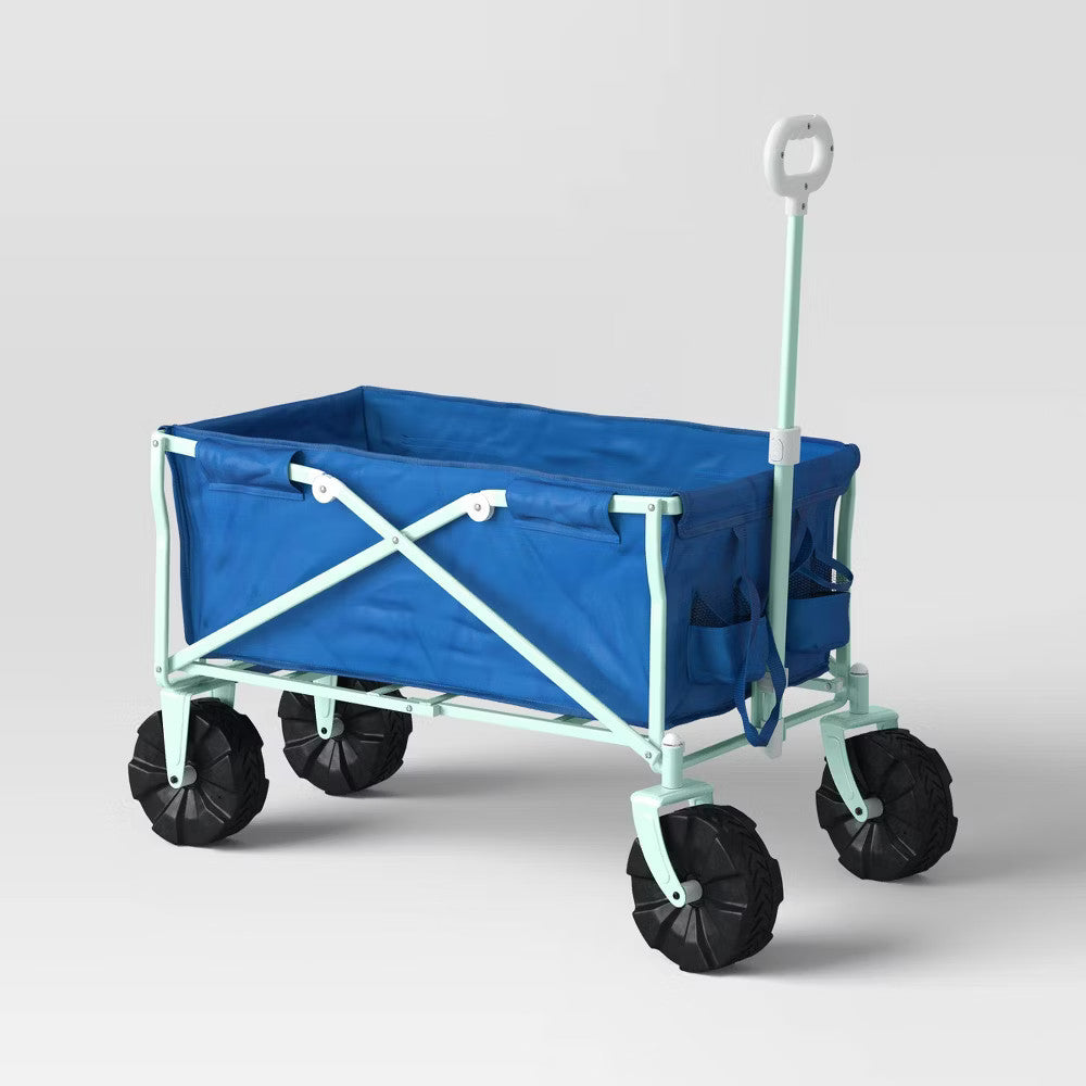 Flat Folding Wagon with Adjustable Handle and Pockets - Blue Garden & Outdoor