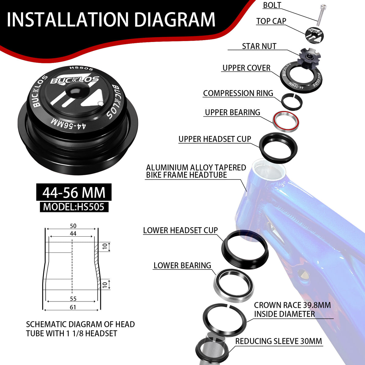 Mountain and Road Bike Headset 44-56mm Sealed Bearing Tapered Fork Part