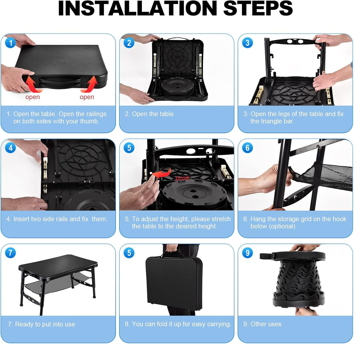 Portable Folding Camping Table and Stool Set - Adjustable Height Lightweight Black