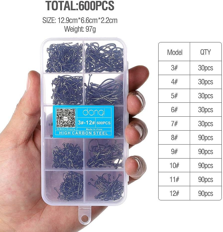 600 Pcs Barbed Single Fish Hooks for Carp Fishing - Sizes 3#-12#