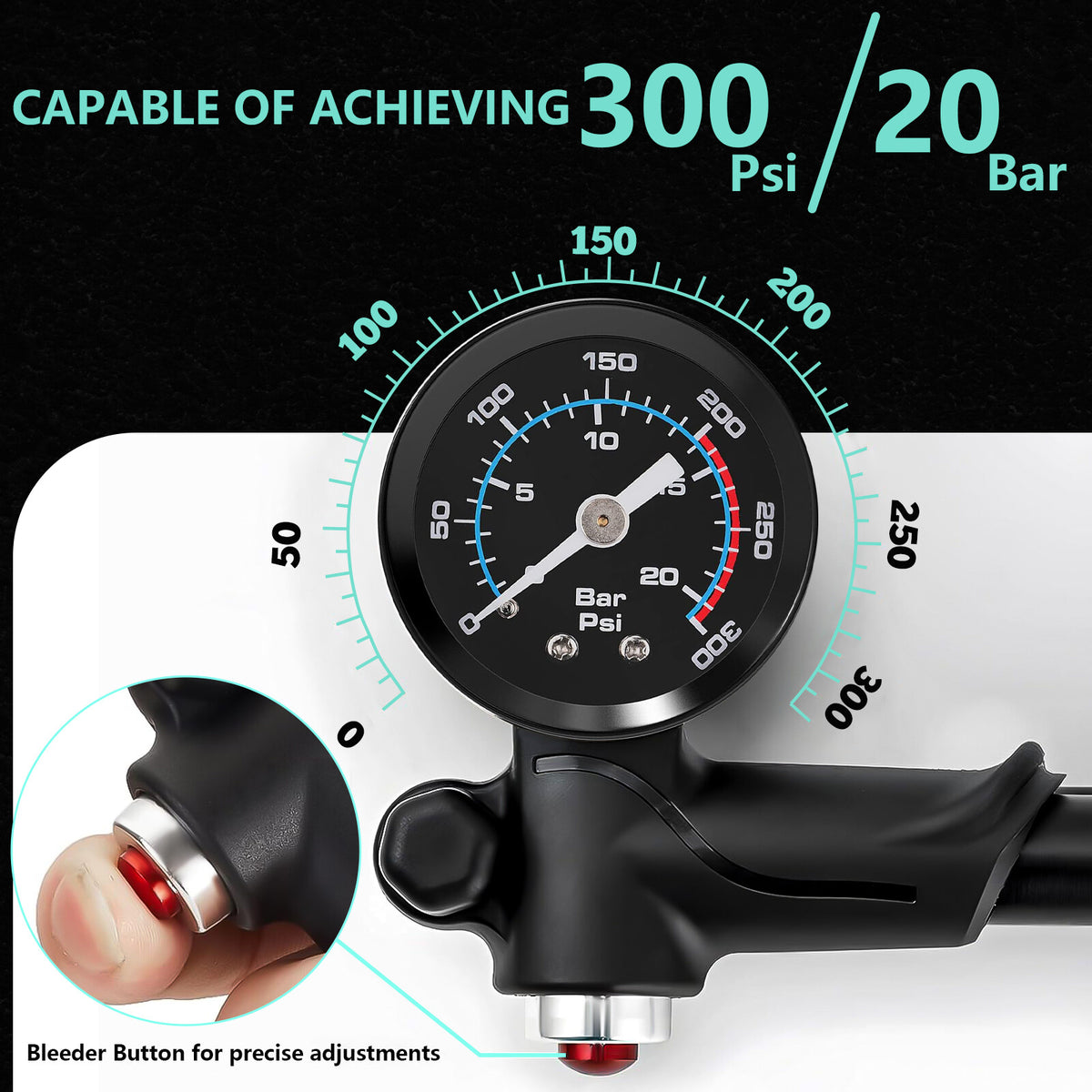Bicycle Shock Pump with Pressure Gauge Aluminum Air Fork & Rear Shock 300 PSI