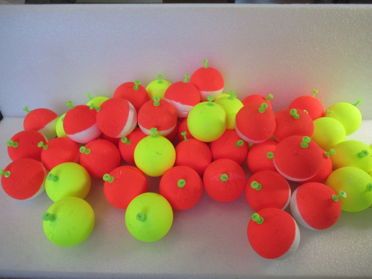 50 Large 2-Inch Fishing Floats Round Foam Ball Bobbers with Snap-On Weights