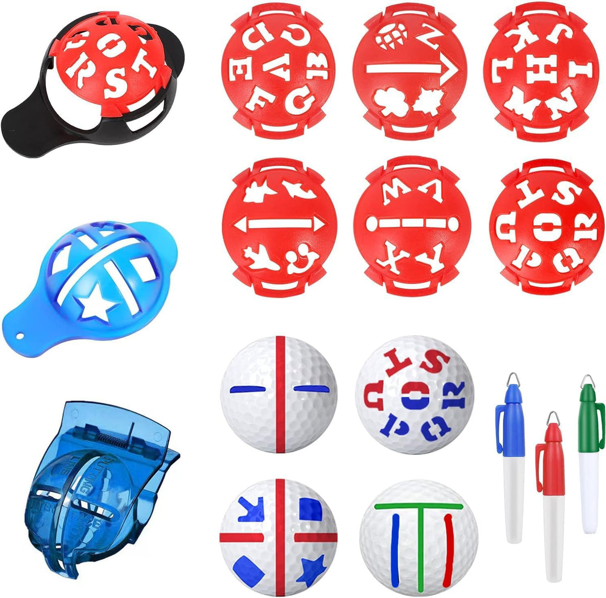 Golf Ball Line Marker Set with Letter Stencils & Permanent Markers