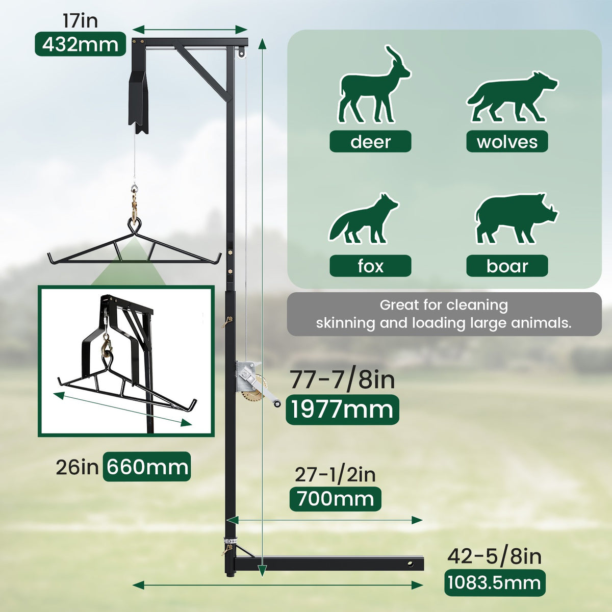 600LB Hitch Mount Deer Game Hoist Winch with Gambrel for Big Game Processing