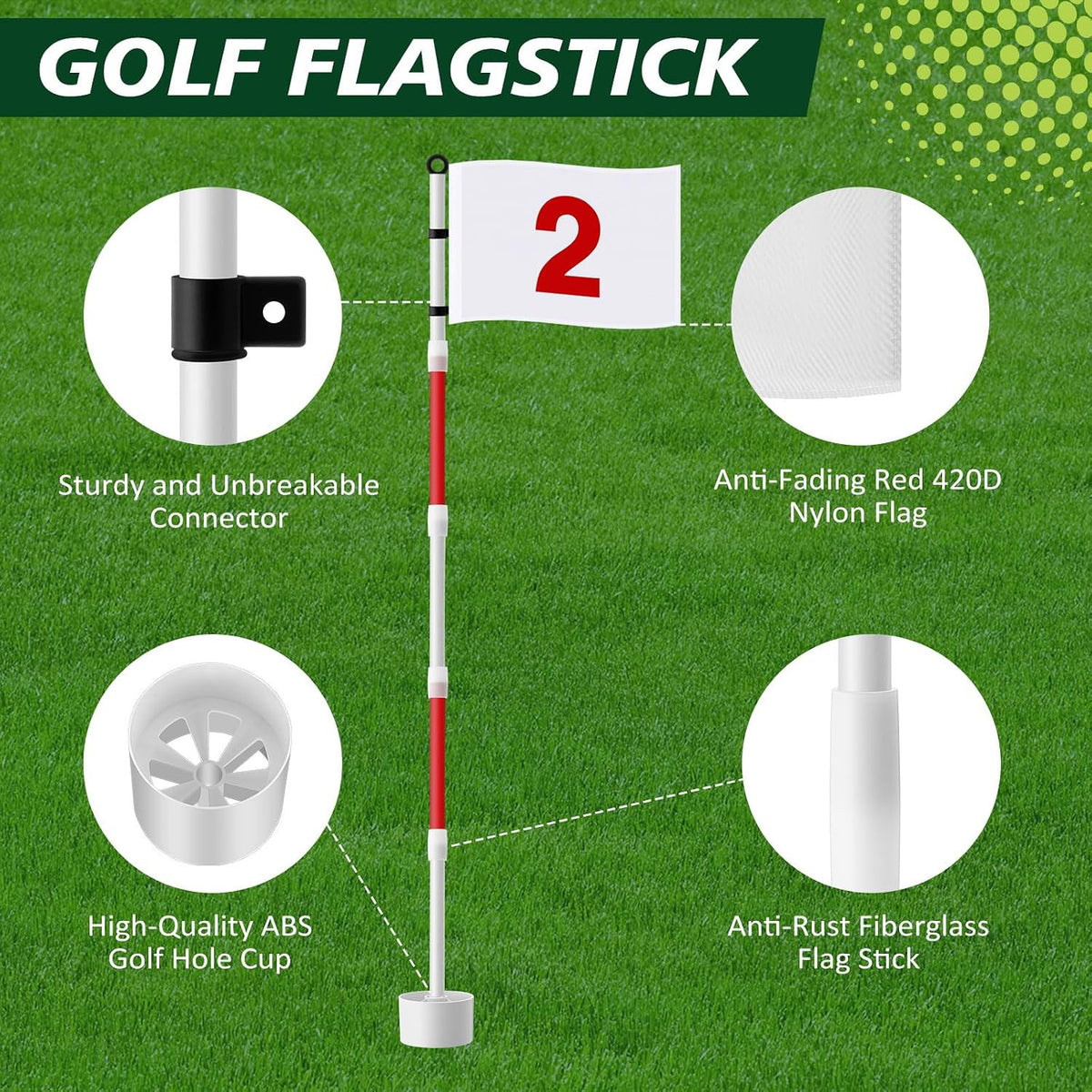 Golf Flagstick Set with 6Ft Flags and Hole Cups - 4 Pack for Green Practice