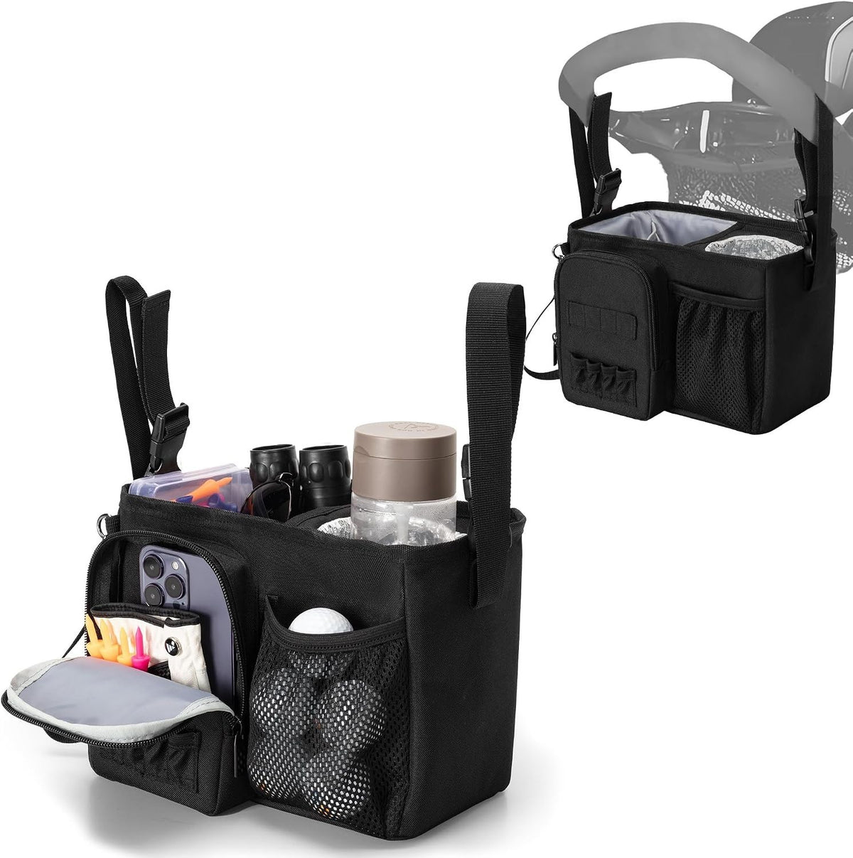 Golf Push Cart Organizer with Insulated Cup Holder & Storage Pockets