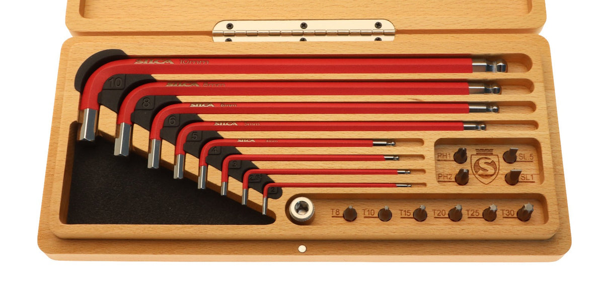Bicycle Tool Kit with Hex Keys, Torx, and Bits - Wooden Storage Box