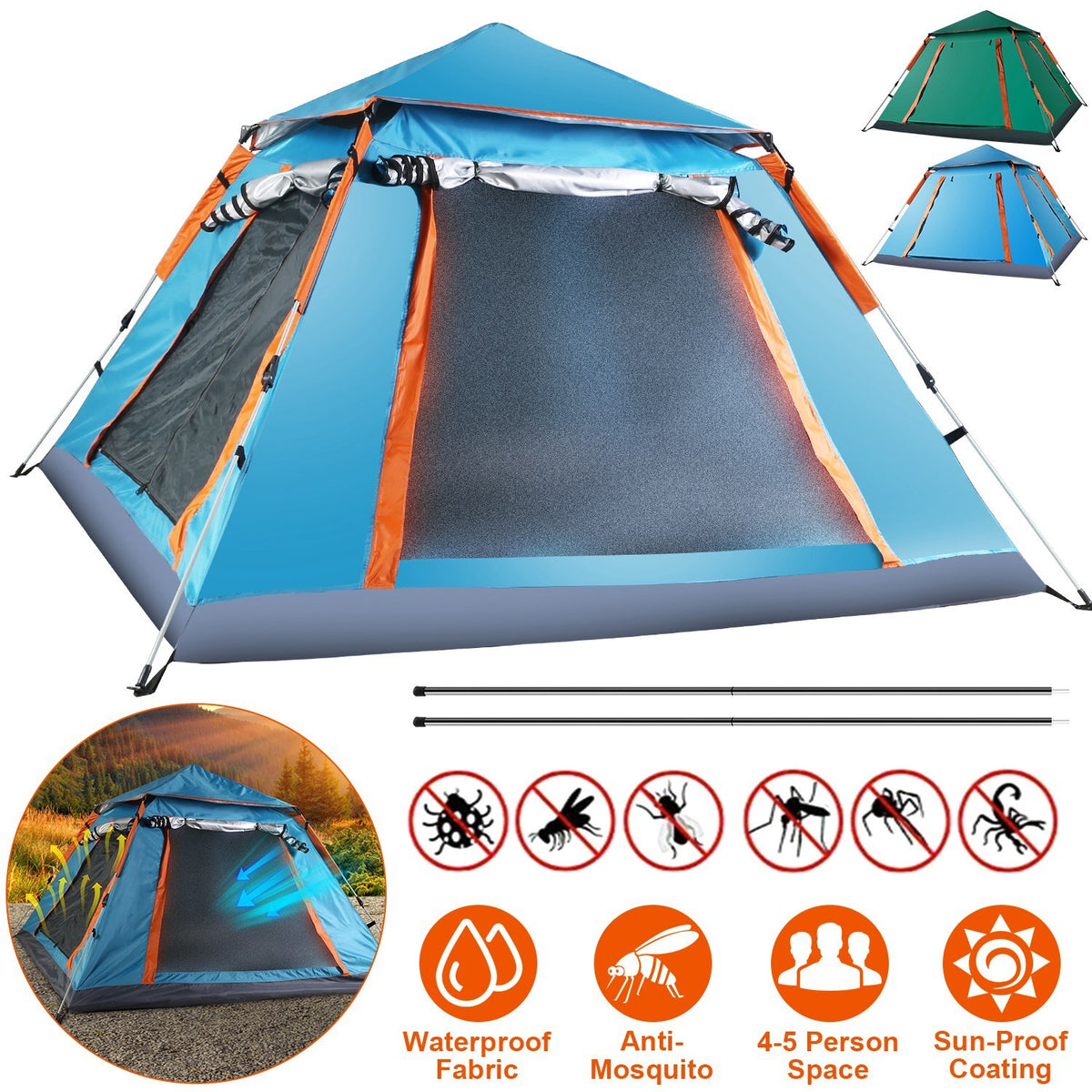 4-5 Person Waterproof Camping Tent with Mosquito Nets & Windows for Hiking