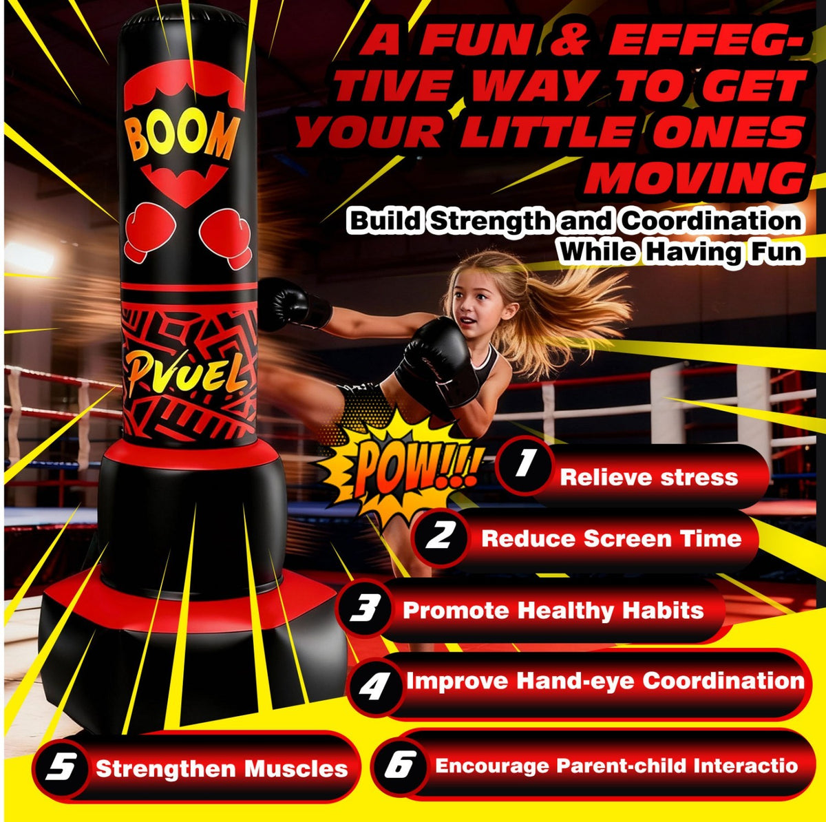 Kids Punching Bag Set with Gloves and Pump - Inflatable Freestanding Martial Arts Toy