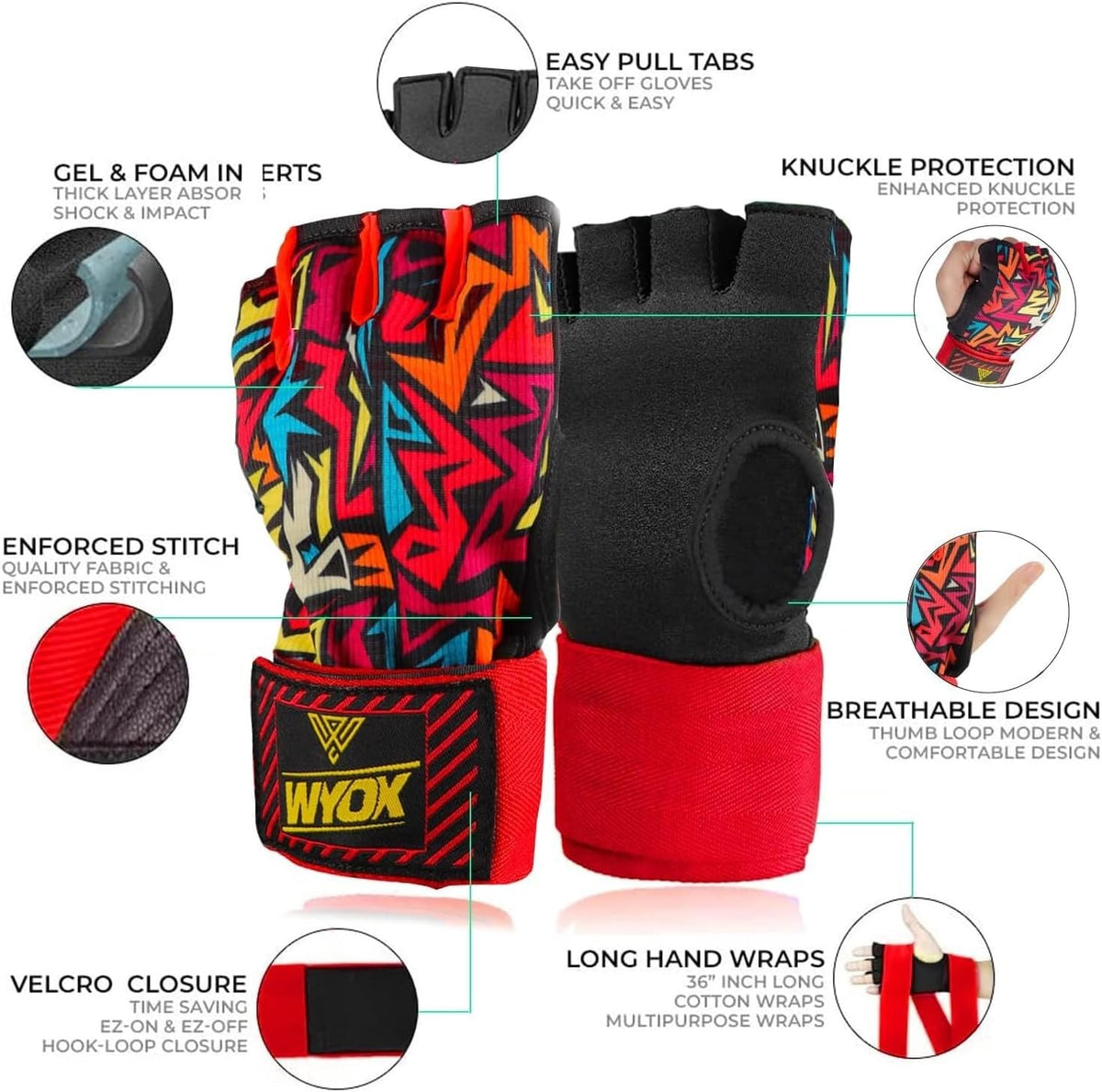 80cm Gel Boxing Hand Wraps Inner Gloves with Wrist Straps for Martial Arts