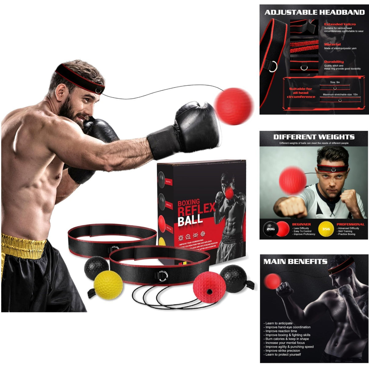 Boxing Reflex Ball Kit with 4 Balls & Adjustable Headbands for Fitness Training