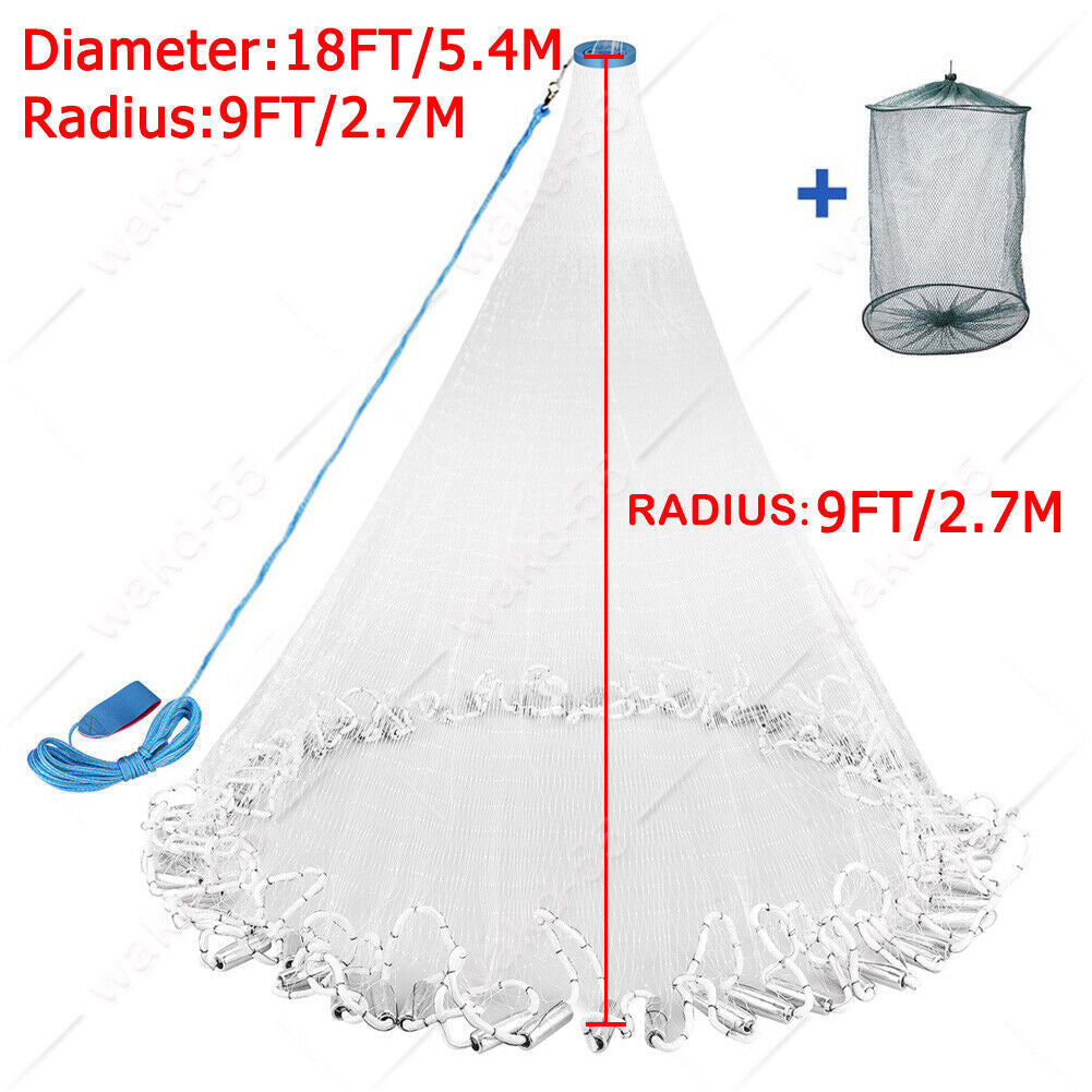 Heavy Duty Fishing Cast Net 6-16FT for Bait & Catching Fish - Durable Nylon Mesh