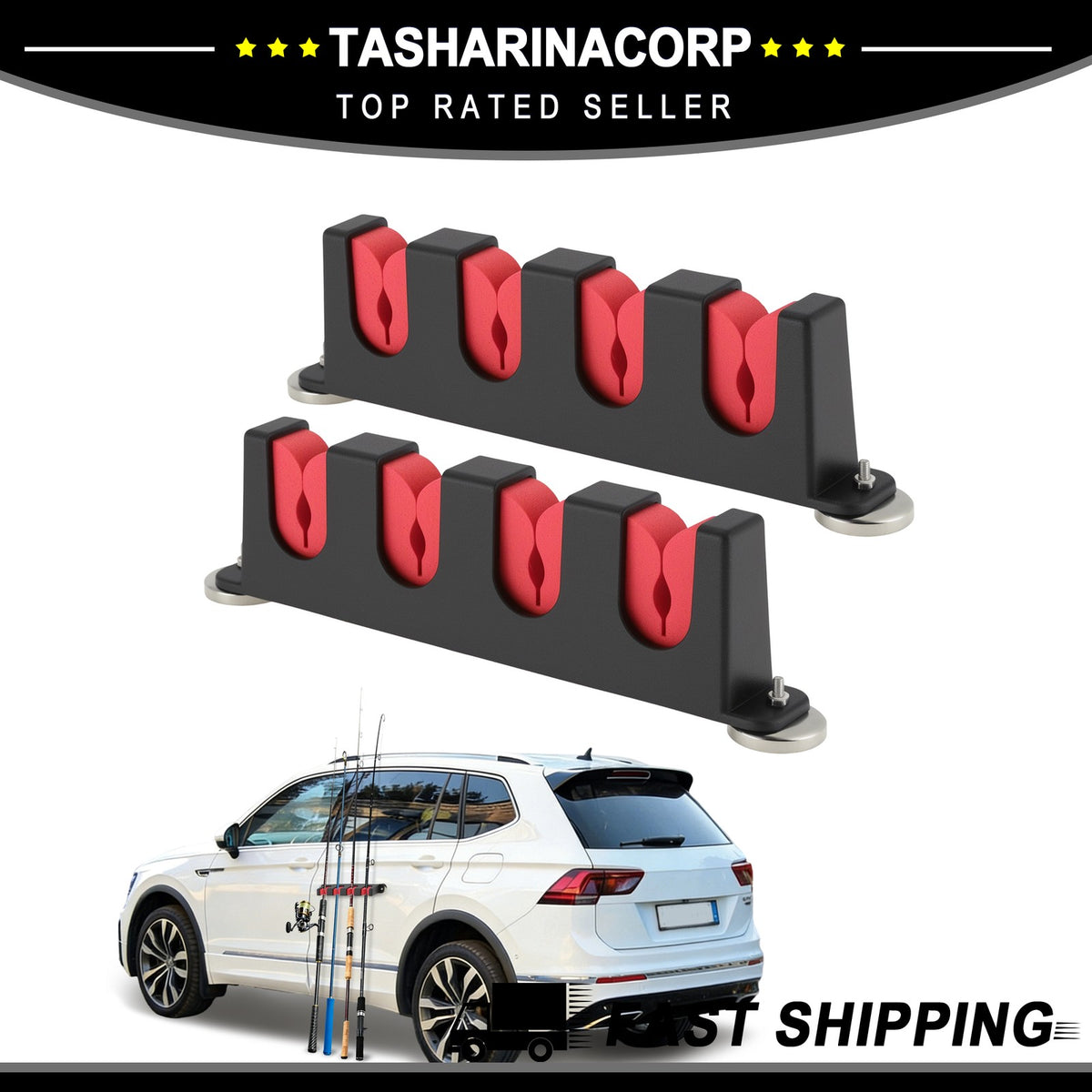 Magnetic Fishing Rod Holder 4-Rod Rack for Car Boat Wall Mount Red