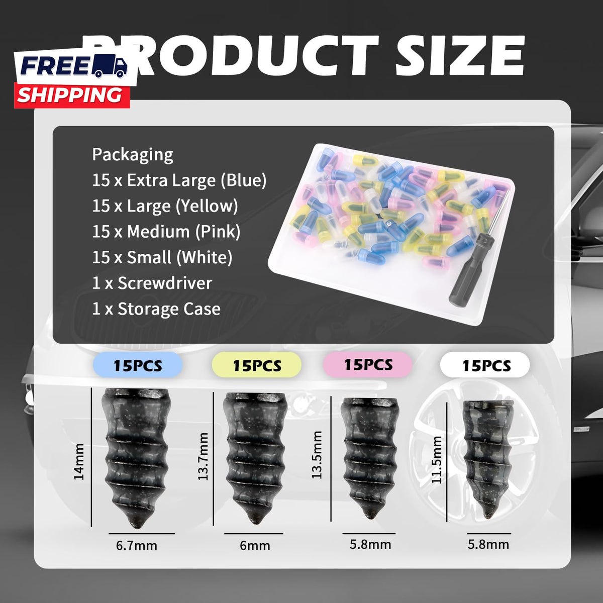 60PCS Tire Repair Kit with Self-Injecting Plugs and Screwdriver
