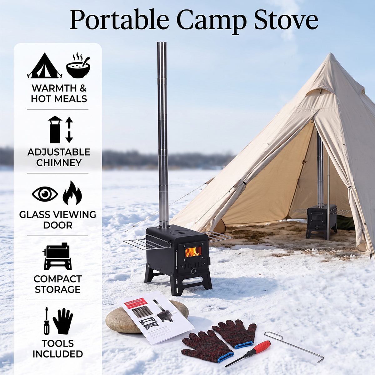 Wood Burning Tent Stove with Air Vent Control - Carbon Steel Portable Heater