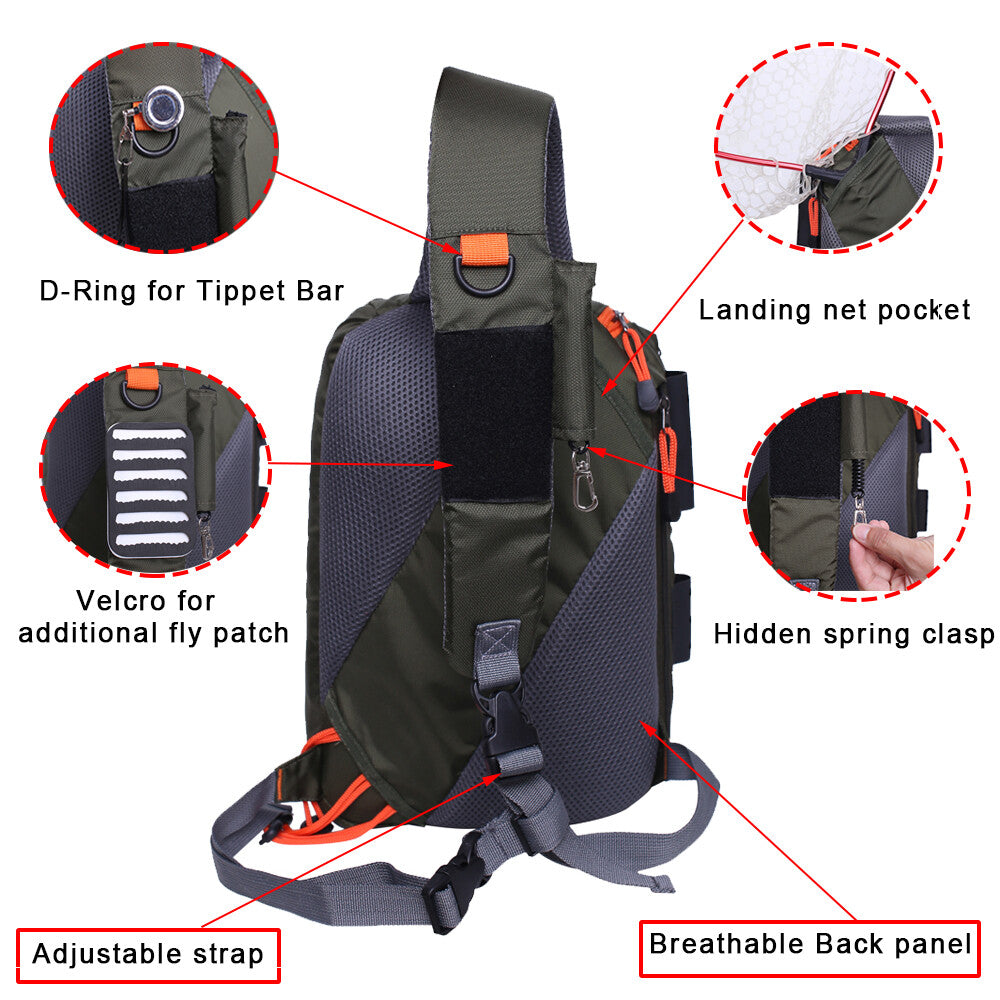 Fly Fishing Sling Bag with Multiple Pockets & Adjustable Straps, Lightweight Tackle Organizer