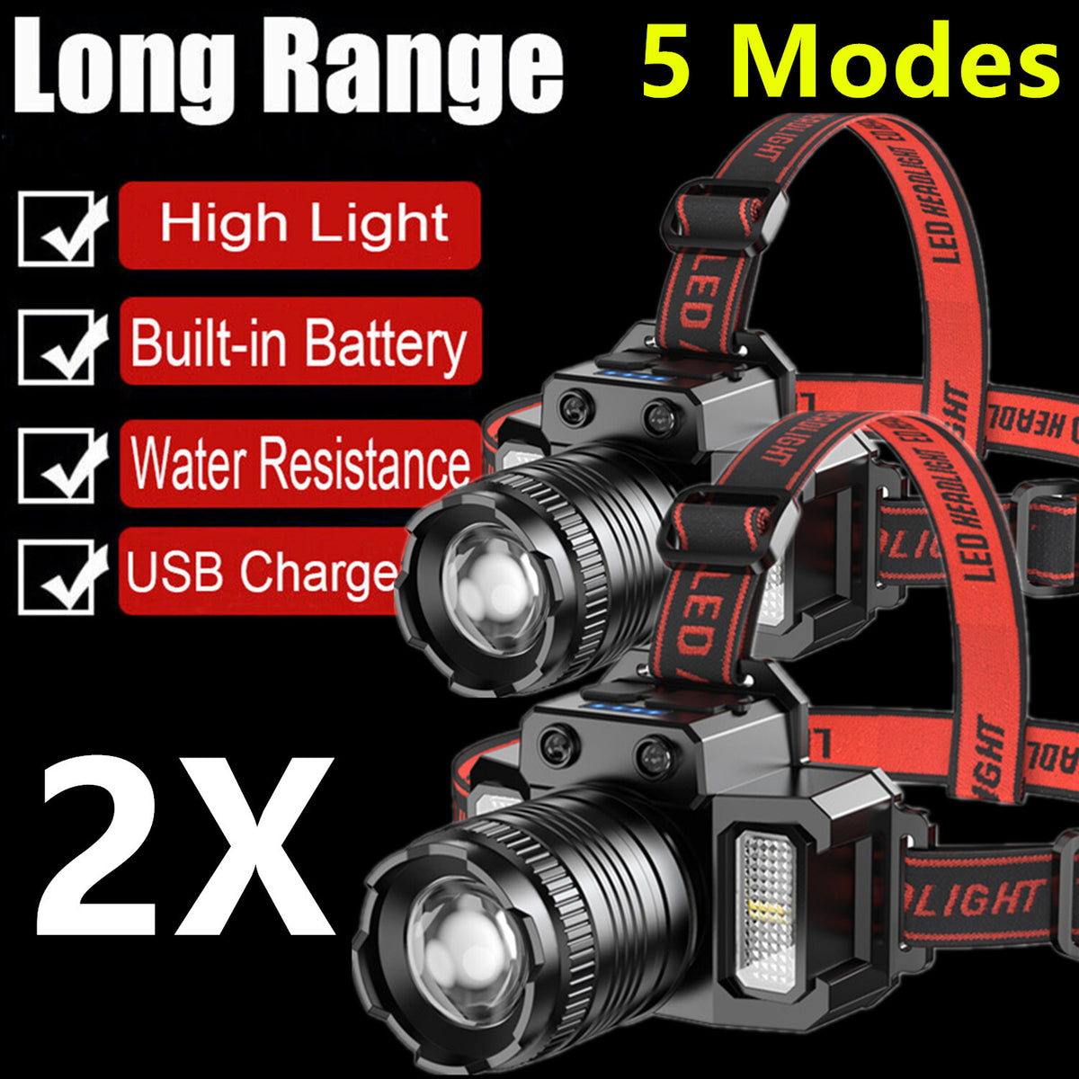 Rechargeable LED Headlamp with Zoomable Focus and 300m Range