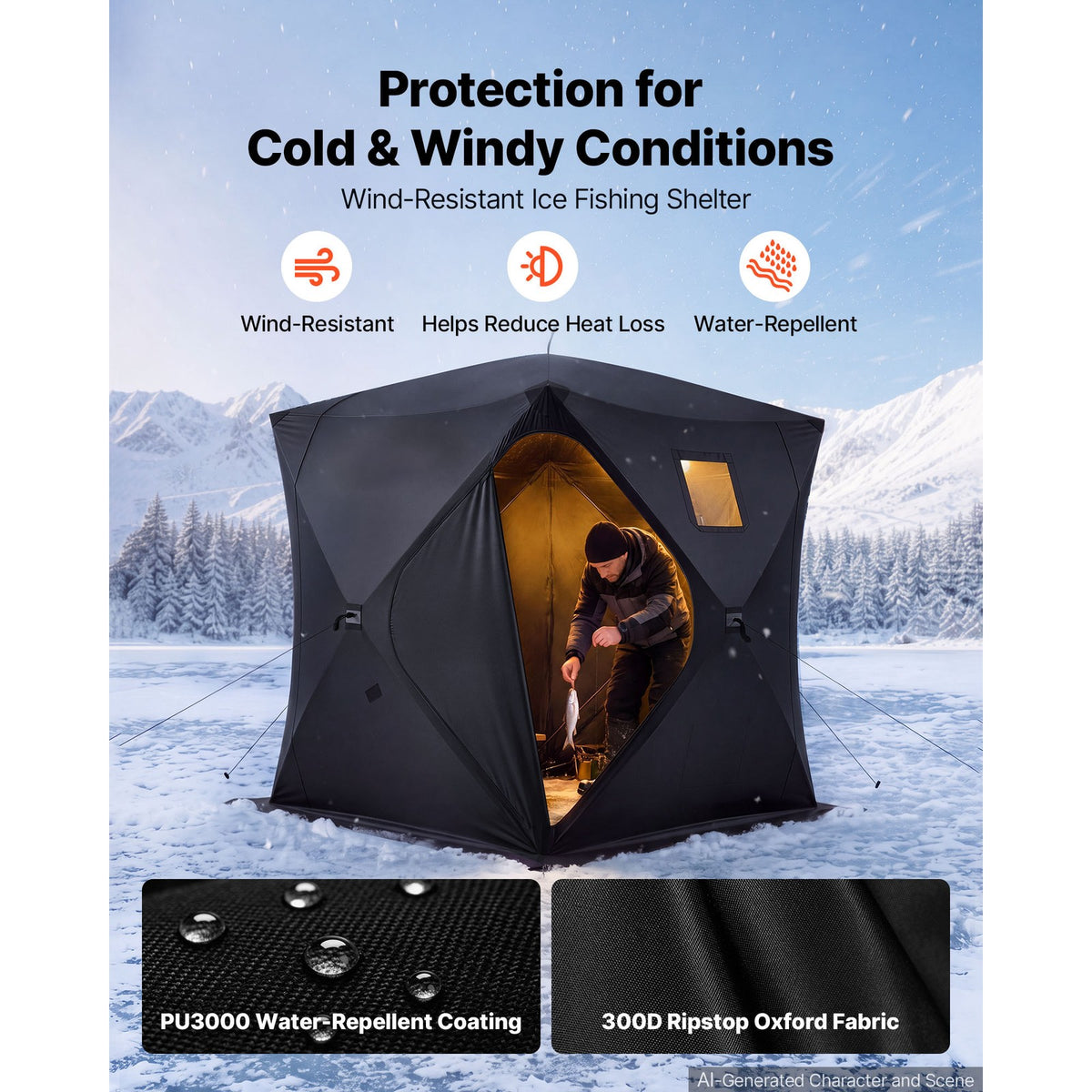 Pop-Up Ice Fishing Tent for 3-4 People - Portable 71x71x79 in Shelter