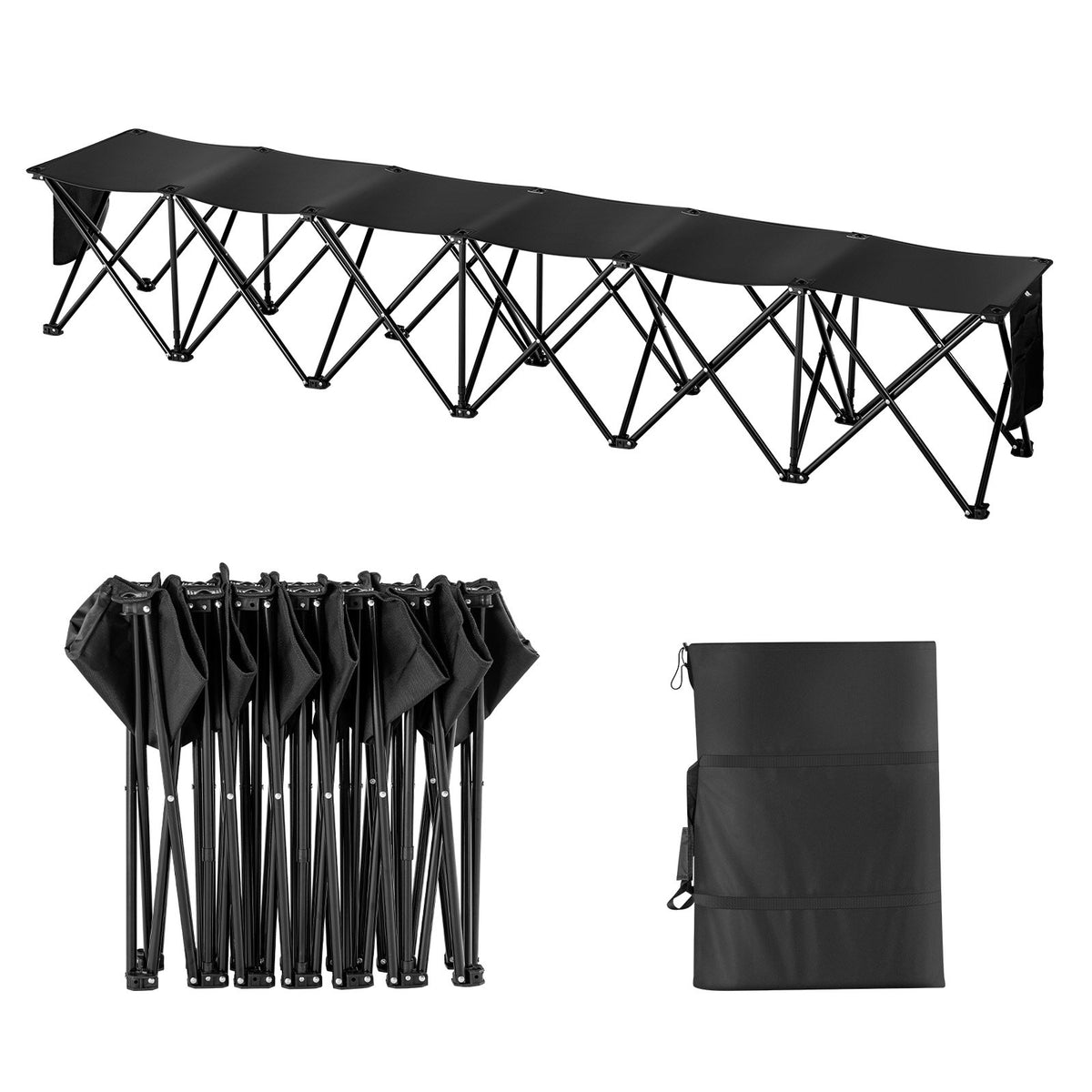Portable Folding 6-Seat Sports Bench with Side Bag and Carry Bag - No Backrest
