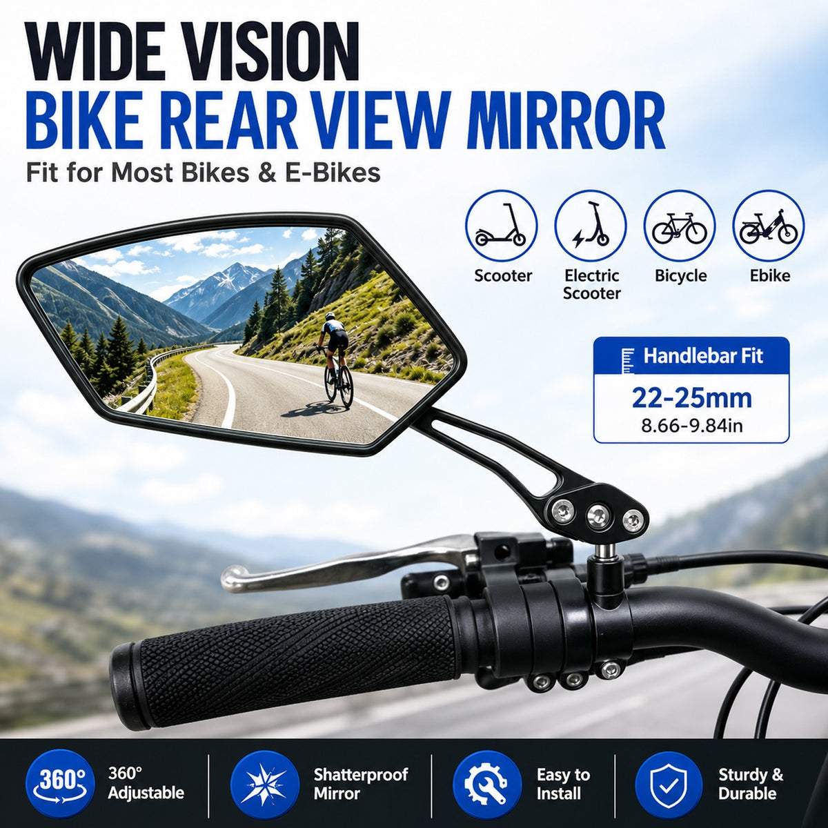 HD Bike Mirrors - 360° Adjustable Rear View Bicycle Handlebar Mirrors