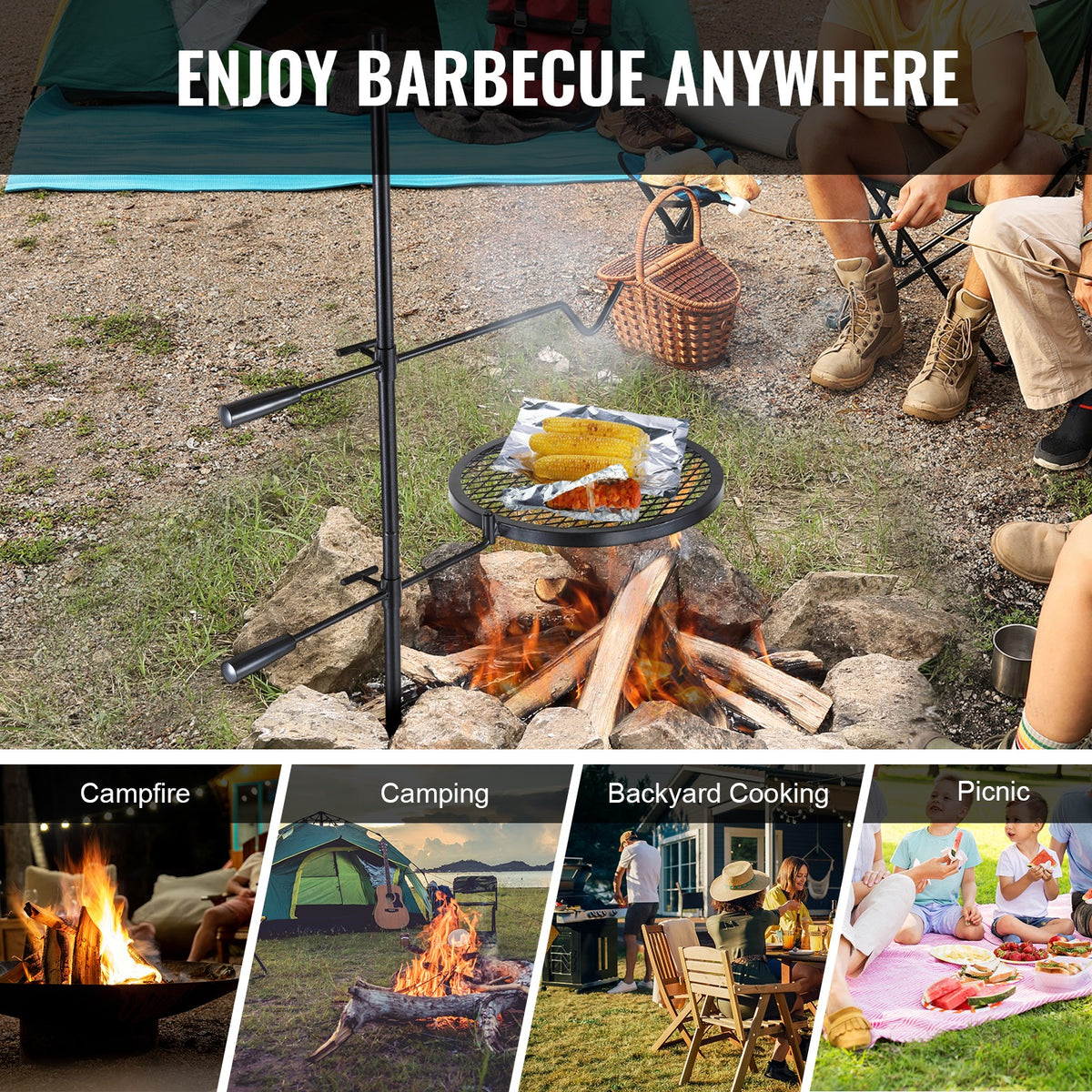 Swivel Campfire Grill with Steel Grate for Outdoor Cooking, Adjustable