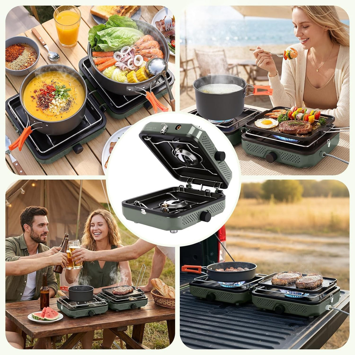 2 Burner Portable Camping Stove with Foldable Design and Cookware
