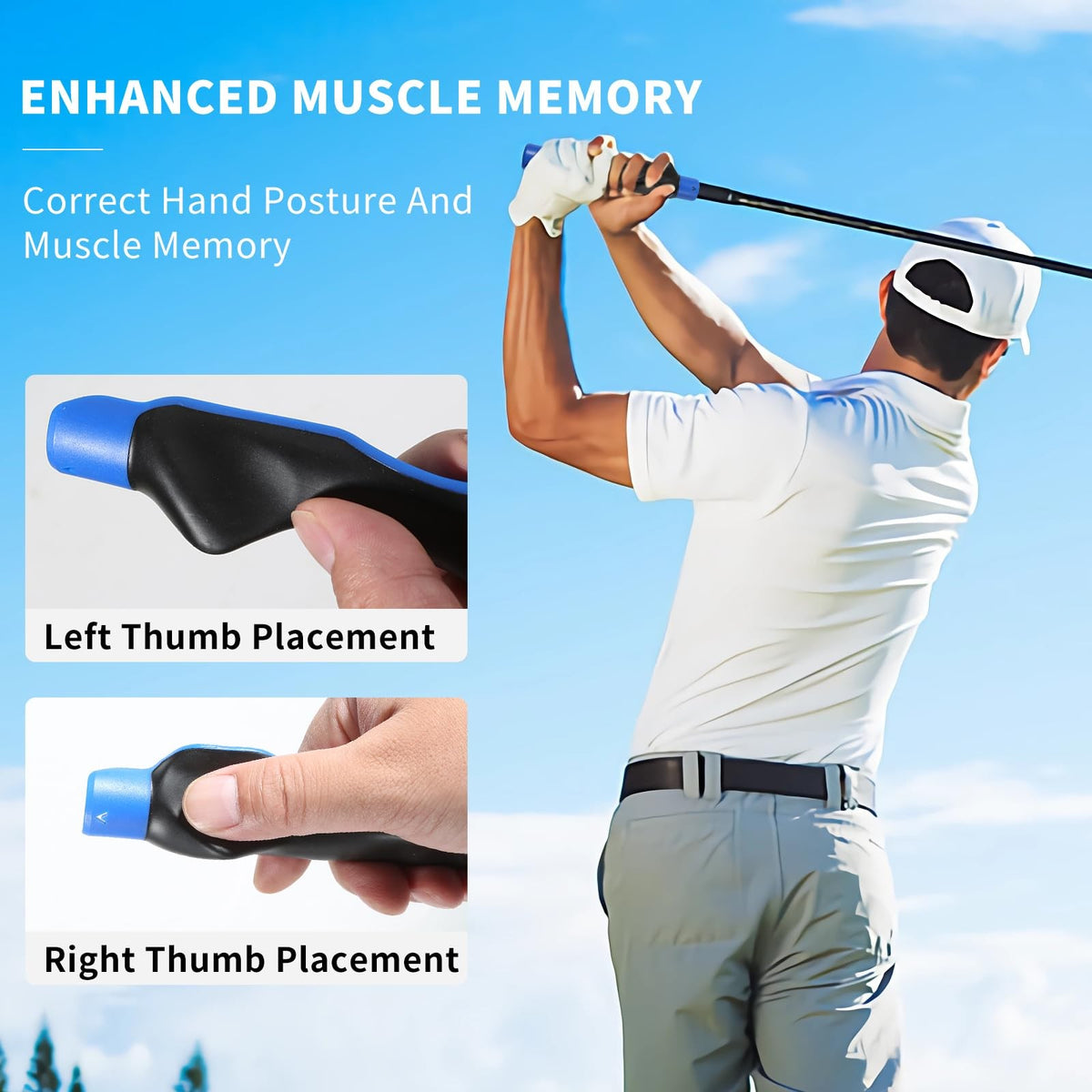 Golf Grip Trainer Swing Aid with Arm Strap for Right Handed Players - Blue