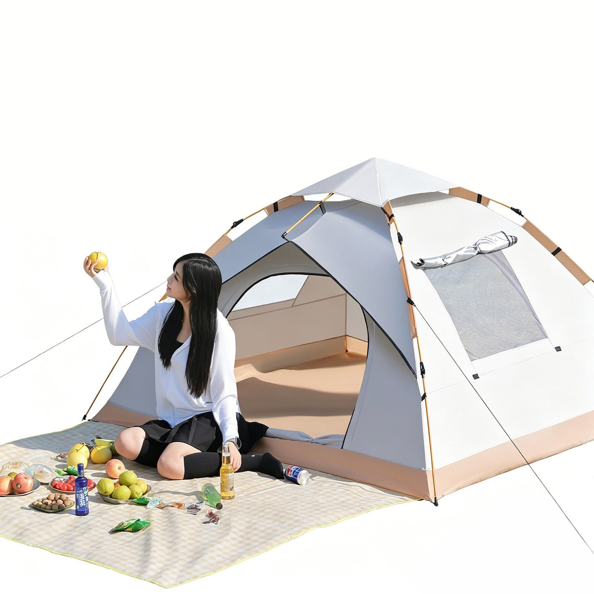 Pop-Up 3-4 Person Camping Tent Beige Waterproof Sun Shelter with Doors & Windows