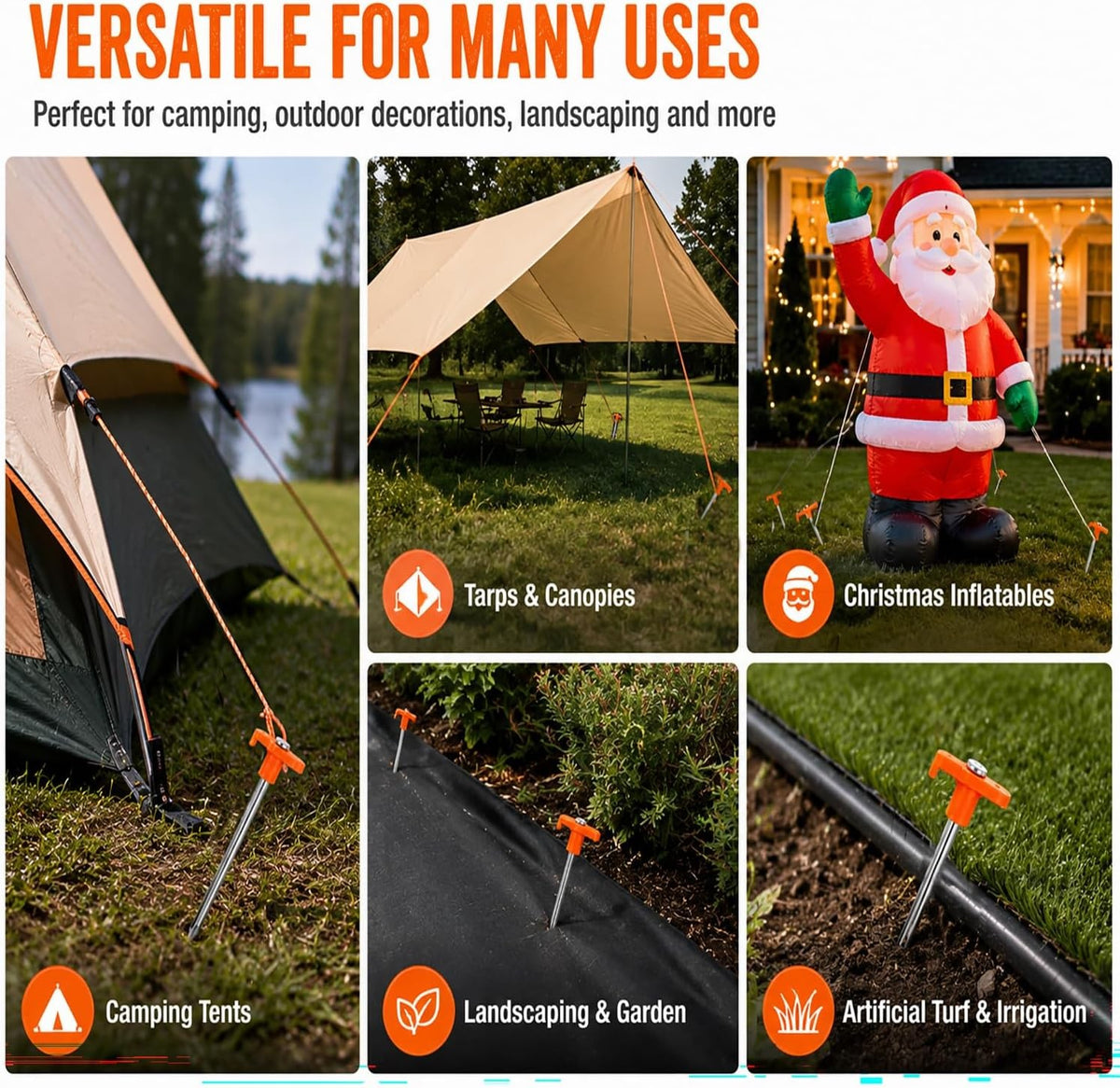 Heavy Duty Galvanized Steel Tent Stakes - Rust Resistant, 7.1 Inch, Bright Orange T-Head, Pack of 10 or 20